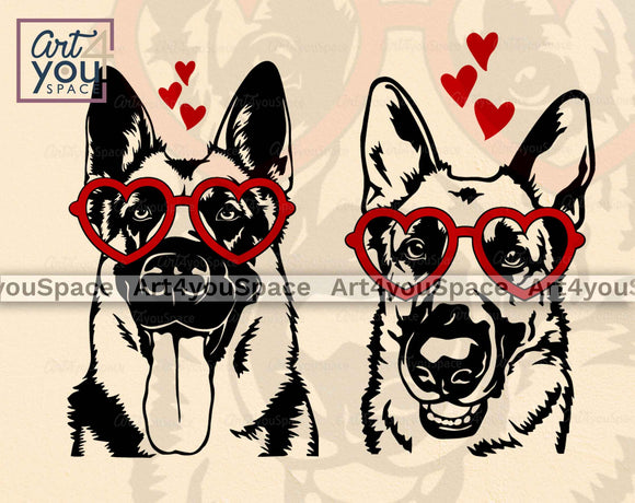 funny German Shepherd portrait with Heart Glasses SVG