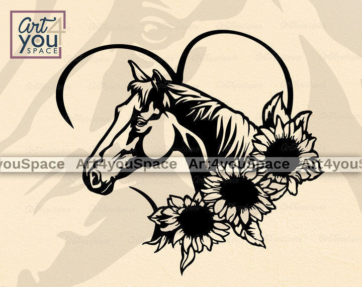 Horse Sunflowers Art