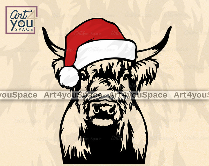 highland cow with santa hat  svg