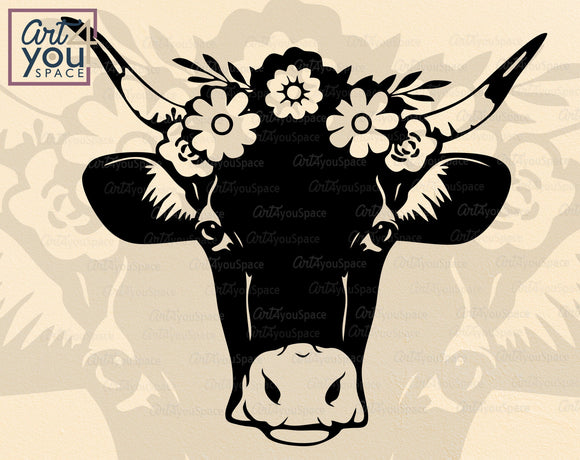 Cow Head With Floral Wreat SVG