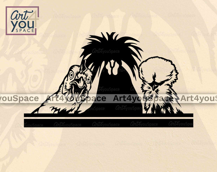 funny peeking chickens heads over the fence svg file