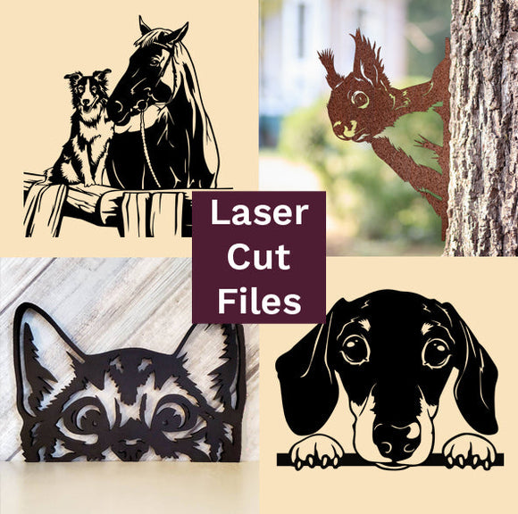Collection of laser-cut SVG files for crafts, decors, and design projects. It includes domestic pet, forest and barn animal vector images