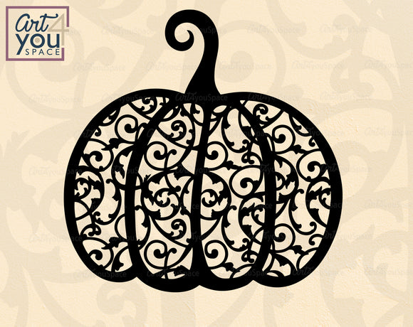 Decorative pumpkin silhouette with intricate swirl patterns  svg file