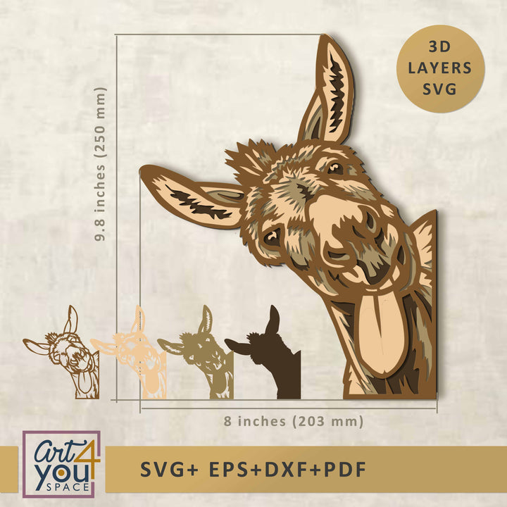 3D Donkey head cutout with dimensions 