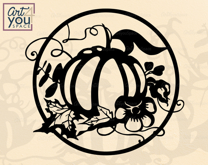 pumpkin svg design with leaves and flowers in a circular frame