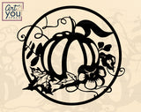 pumpkin svg design with leaves and flowers in a circular frame