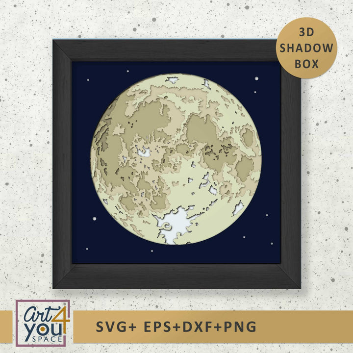 Framed 3D shadow box of a moon design on a textured surface 