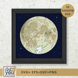 Framed 3D shadow box of a moon design on a textured surface 