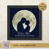 Framed artwork with a couple embracing in front of a moon