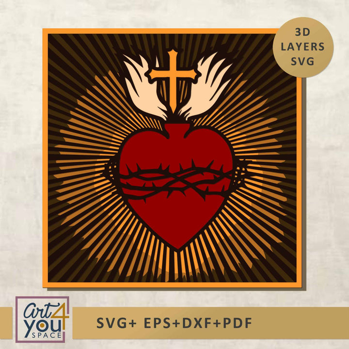 Heart with a cross and barbed wire, featuring 3D layers SVG