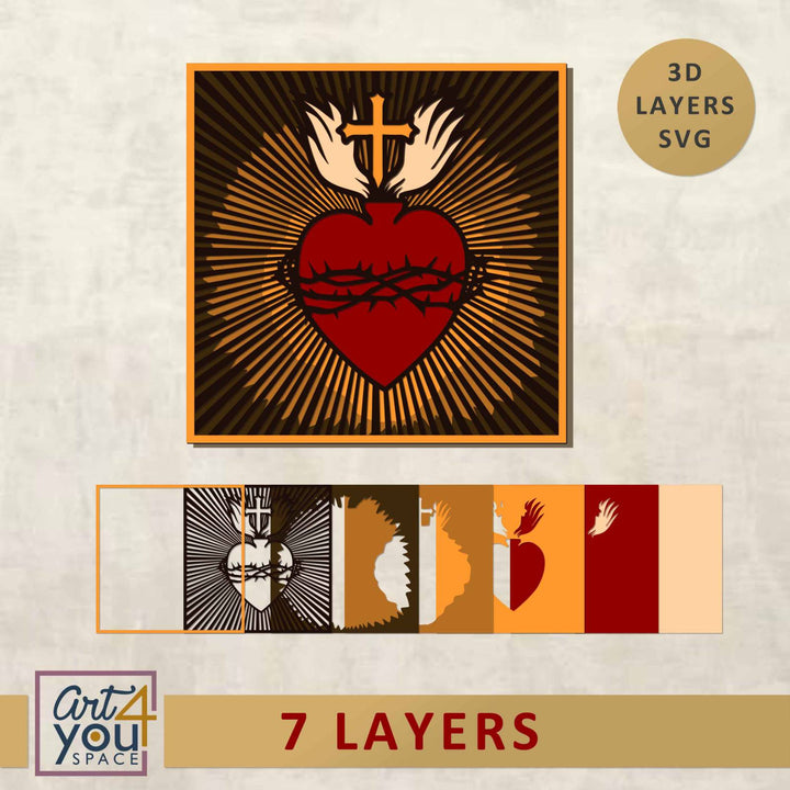 Sacred heartwith cross and thorns, featuring 3D layers SVG 