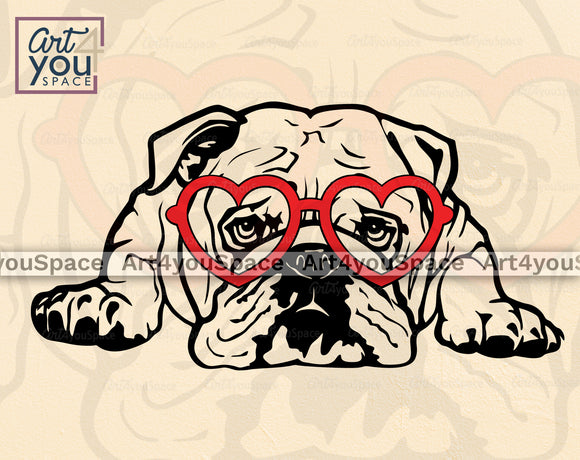 cute American Bulldog lying pose with heart glasses Valentine SVG file