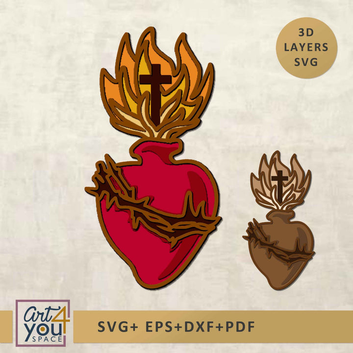design of a sacred heart with flames and cross