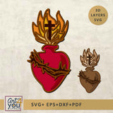 design of a sacred heart with flames and cross