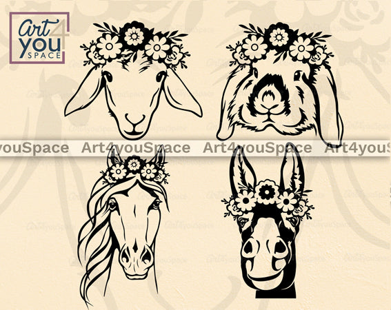 farm anmals with flowers on heads svg