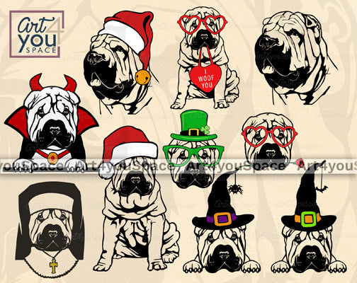 funny shar pei dog vector images with holiday accessories