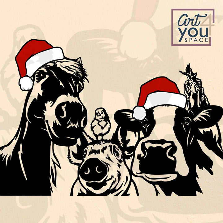 svg Illustration of funny  horse, cow, and goat wearing Santa hats 
