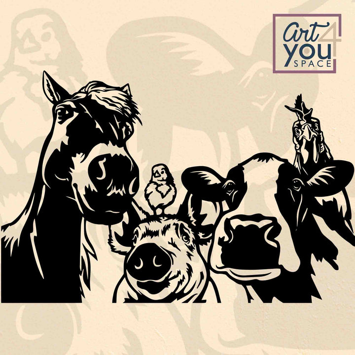 black and white vector image of a horse, cow, pig, and chicken looking in camera