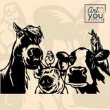 black and white vector image of a horse, cow, pig, and chicken looking in camera