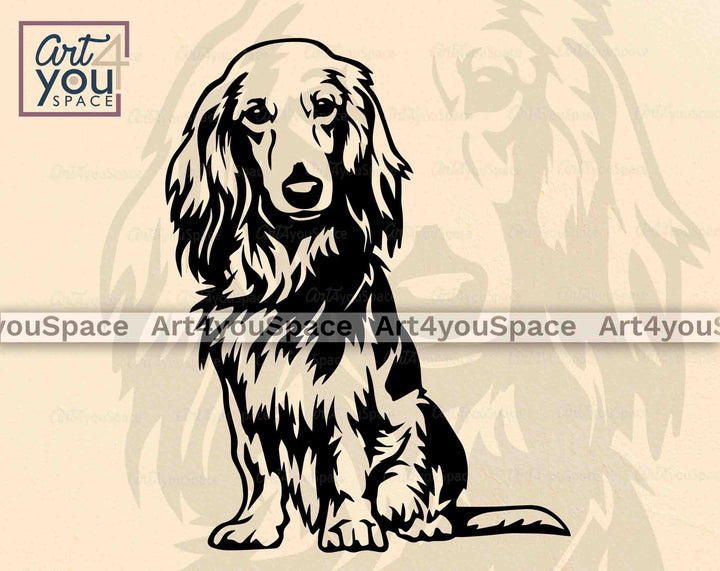 Longhaired doxie sitting pose svg