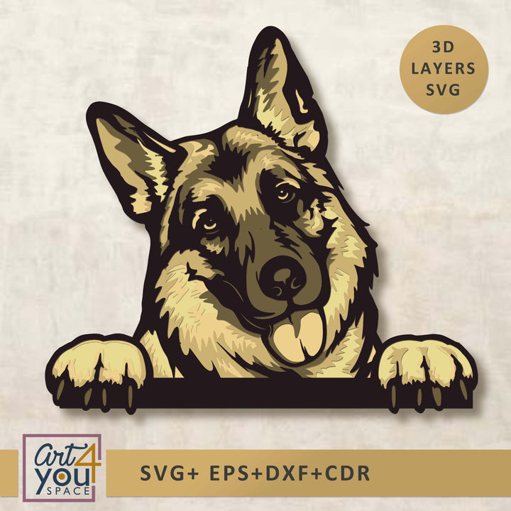 peeking German Shepherd Svg, Multilayered Dog SVG, Plywood