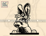 peeking rabbit with flower wreath on a head svg file