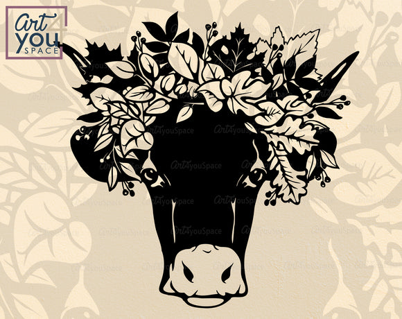 Cow Head With Autumn Leaves Wreath  SVG