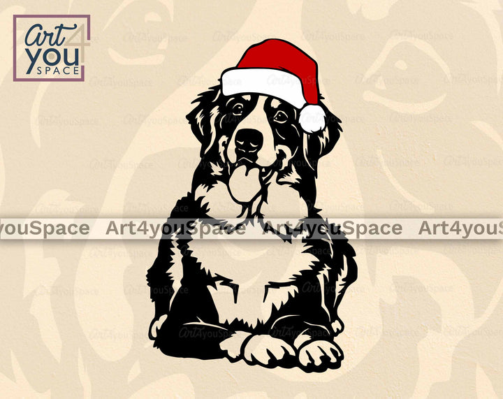 Design of Bernese Mountain dog in lying position wearing Santa hat svg file