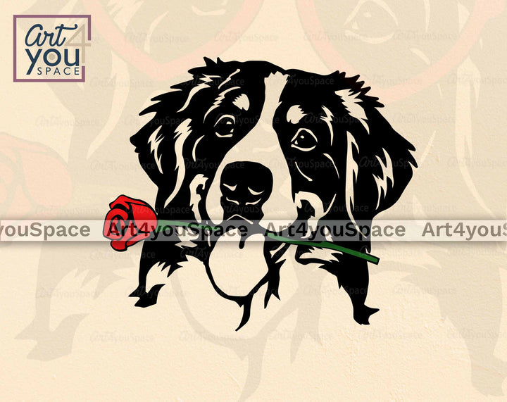 Bernse dog face with rose in mouth vector