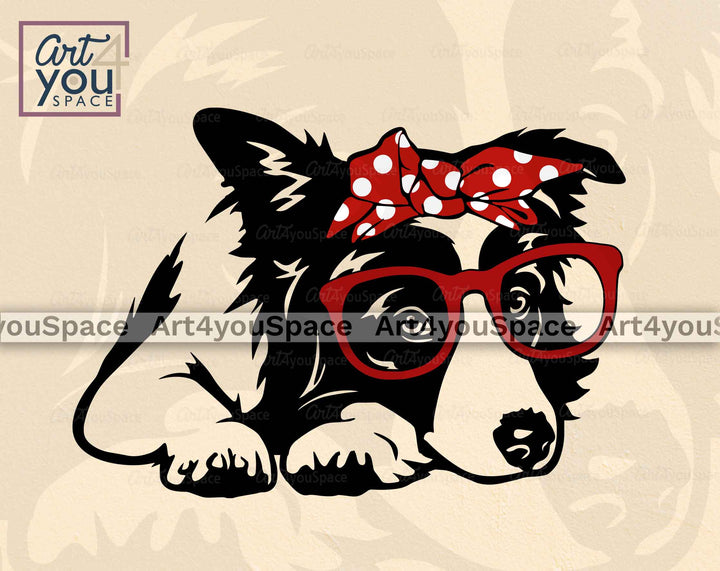 cute Border Collie with bandana and glasses svg