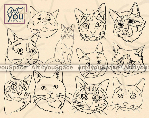 Cats Faces outline drawings saved in svg dxf png files formats