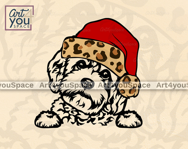 Cavapoo with Leopard print Christmas hat svg