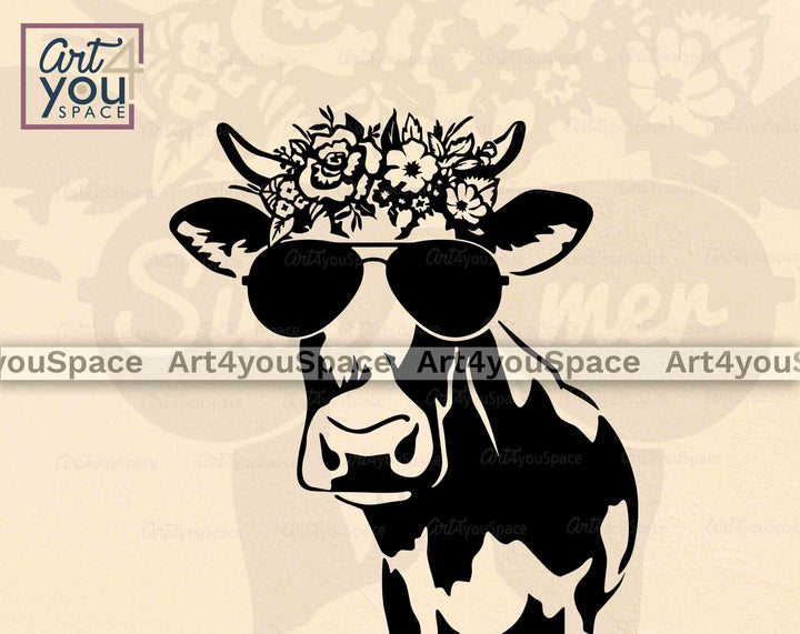 cow with sunglasses and flower crown svg