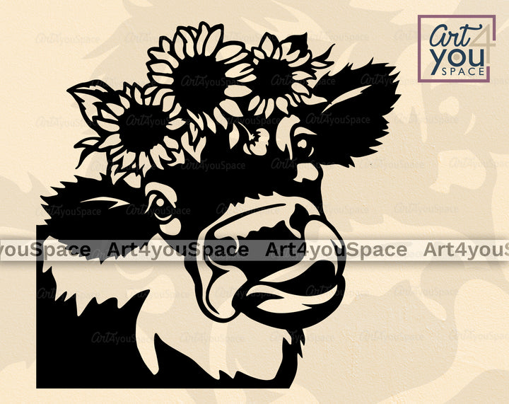 Cow Head With Sunflowers PNG