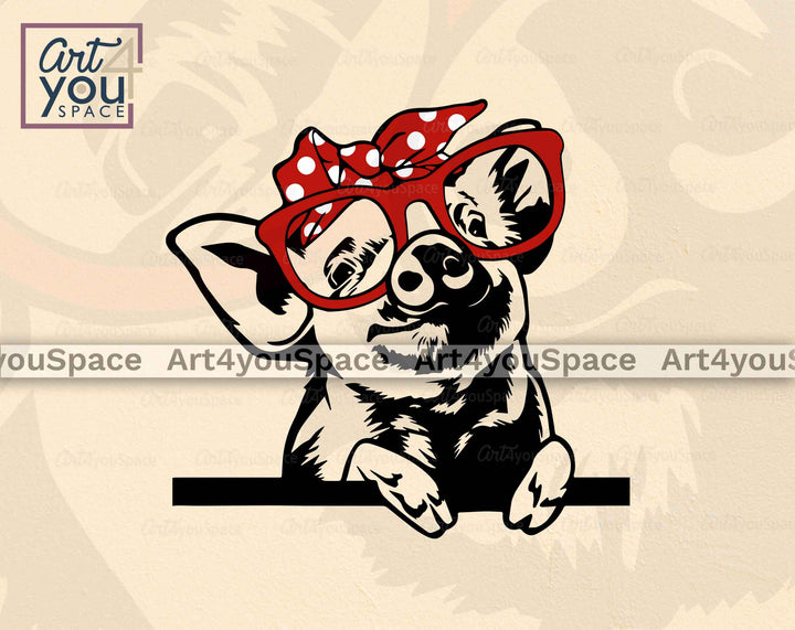 Cute peeking Piglet With Glasses And Bandana SVG File For Cricut
