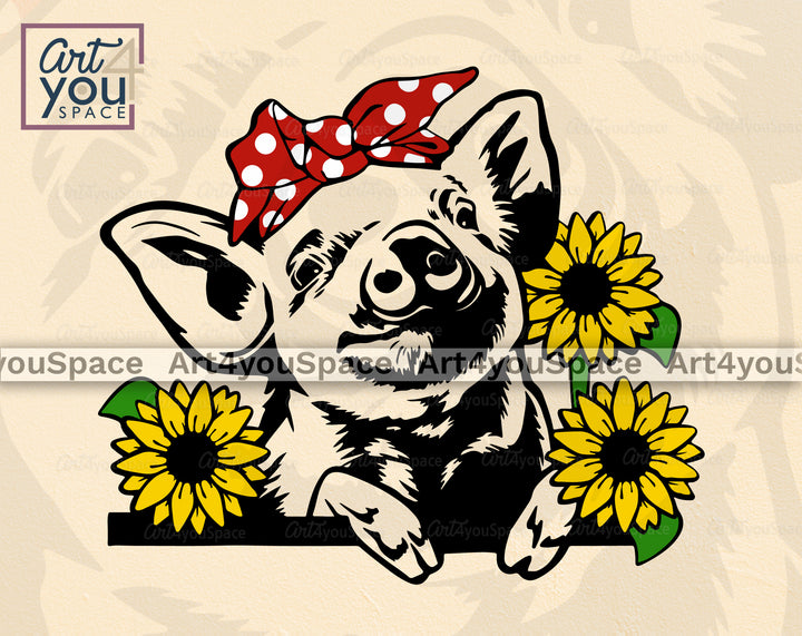 cute pig with sunflowers svg file