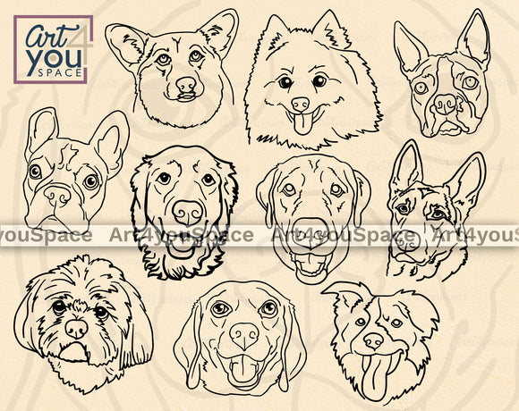 Dogs Faces outline svg bundle of 12 breeds