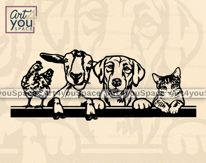 dog tabby cat rooster goat