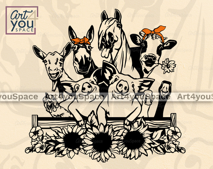 Funny Farm Animals With Sunflowers Svg Png Dxf Files