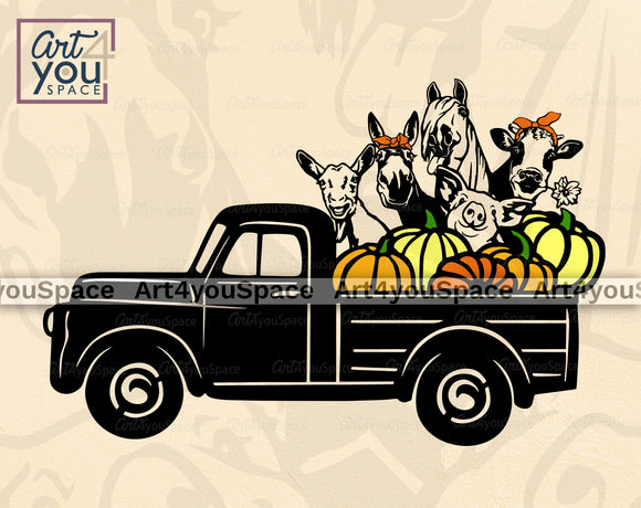 Farm Animal With Pumpkins On Truck