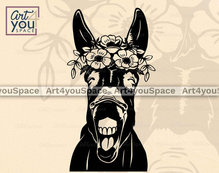 smiling donkey with floral headband svg file