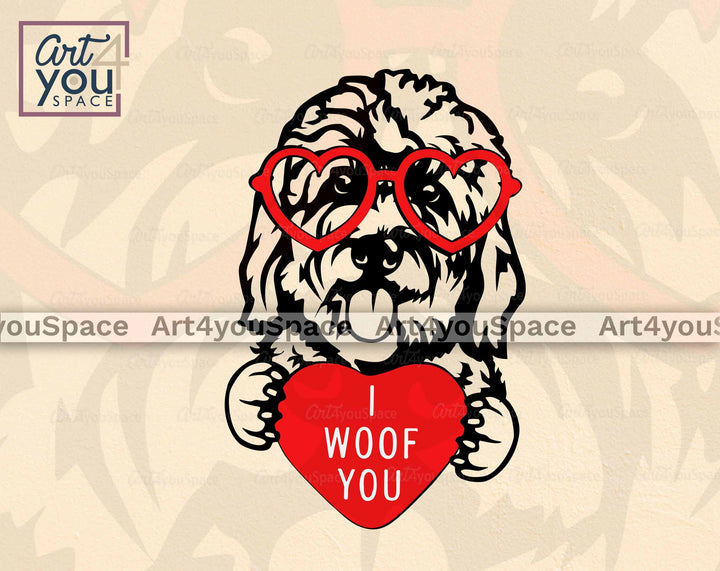 GoldenDoodle holds the heart with words I woof you Vector Clipart