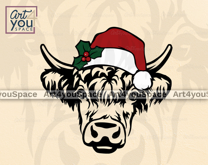 highland cow santa hat svg