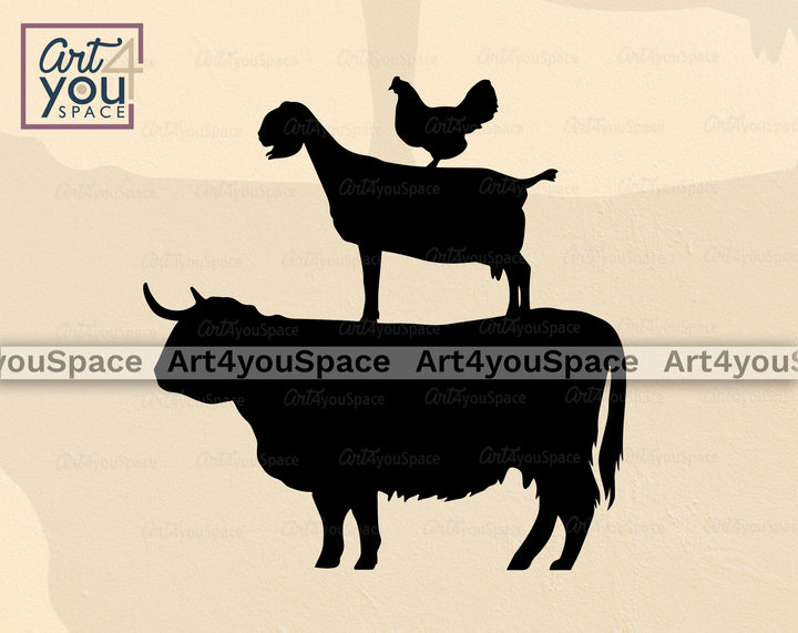 highland Cow Nubian Goat Chciken Stacking Animals Silhouette