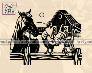 Horse, Rooster And Cat, SVG File For Cricut, FarmLife Scene Vector Clipart Download