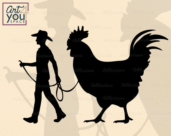 Rooster With Cowboy Svg, Cricut, Funny  Farm Animal Clipart, Laser Cut Vector, Dxf Files For Plasma, Download, Silhouette Png