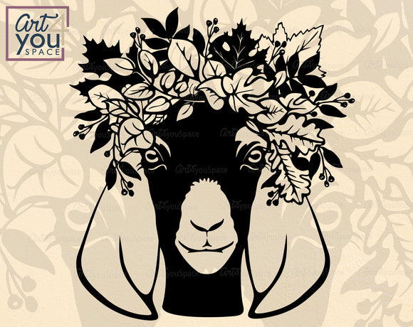 Goat Svg Cricut, Floral Leaves Wreath, Farm Animal Head Vector, Autumn Fall Clipart, Nubian Goat Face, Png, Dxf, Download