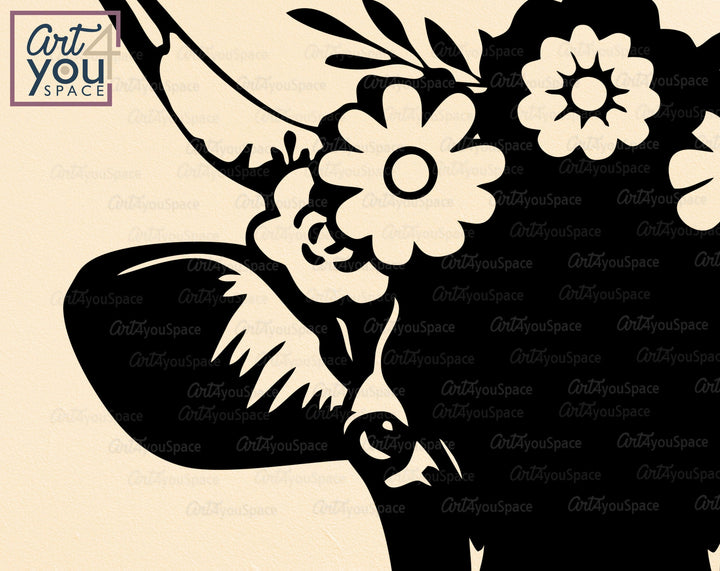 Cow Head With Floral Wreat Clipart