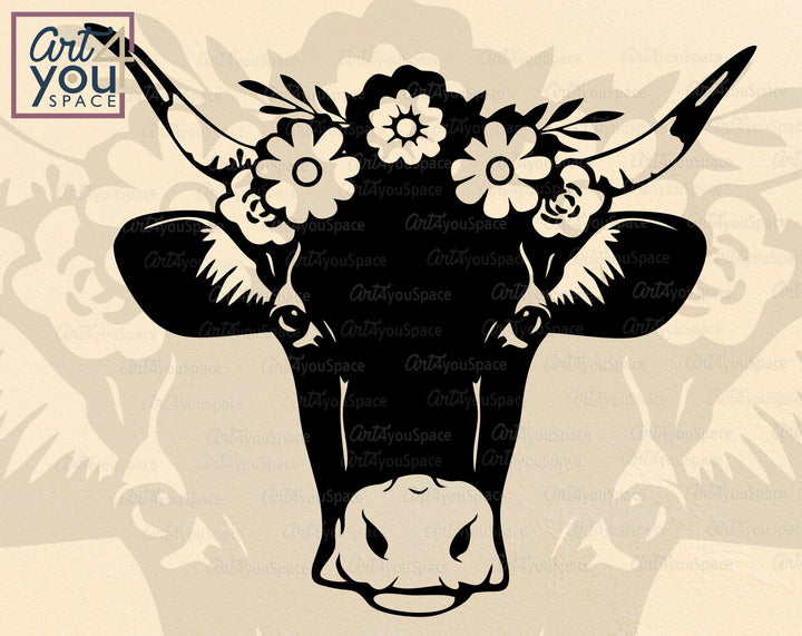Cow Head With Floral Wreat SVG
