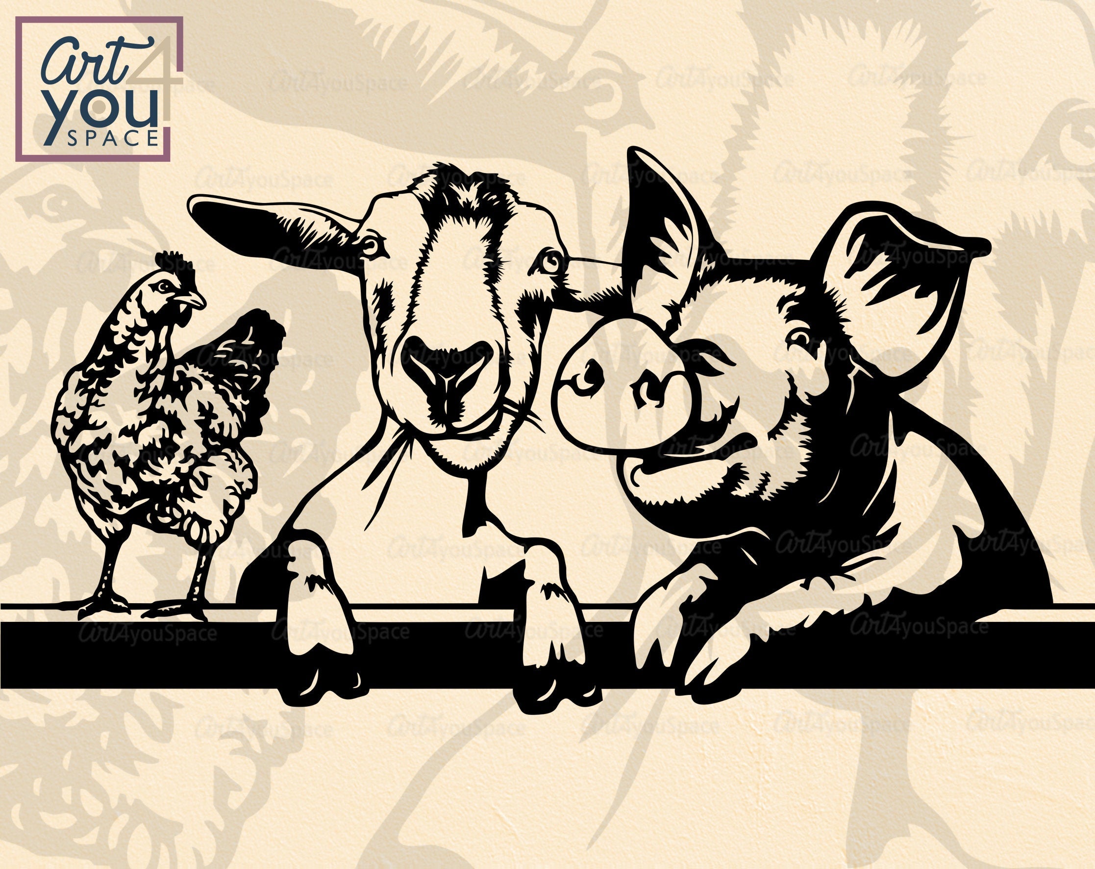 Farm animals SVG PNG DXF, Chicken Pig Goat peeking Clipart, Download, Laser cut vector model, Cricut